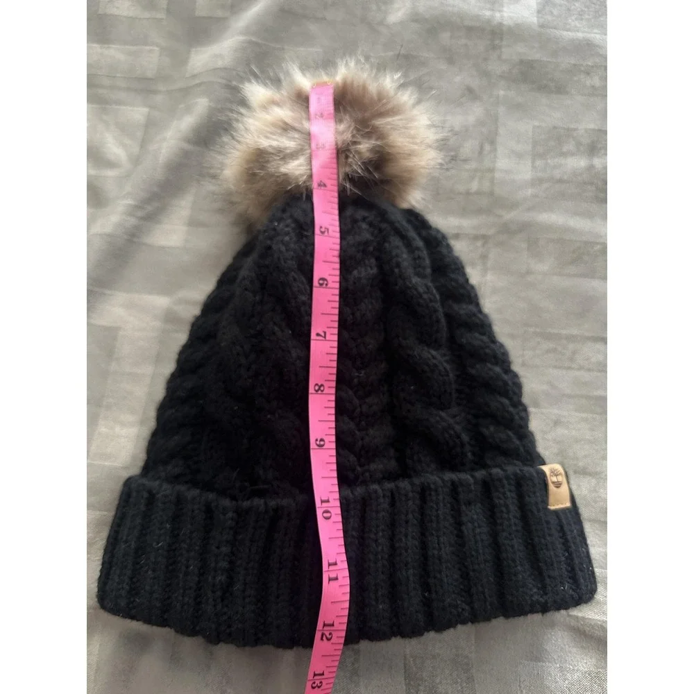 Timberland Hat Beanie Womens One‎ Size Black Cable Knit Pom Pom Sherpa Lined